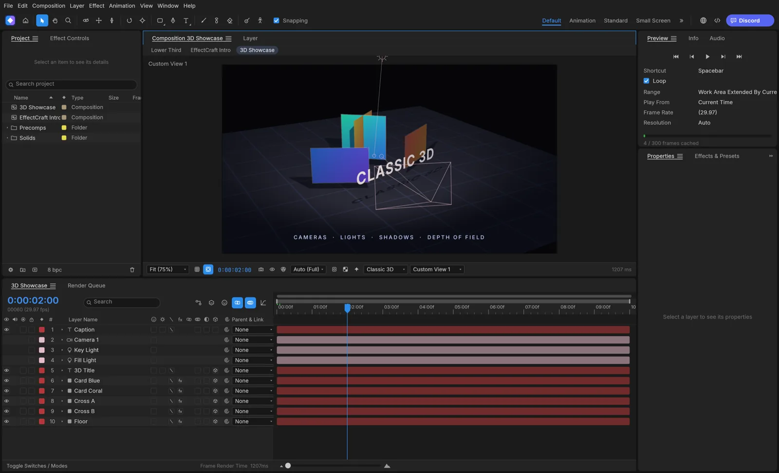 Escena 3D en EffectCraft con tarjetas cruzadas, un foco de luz con sombras suaves y suelo cuadriculado