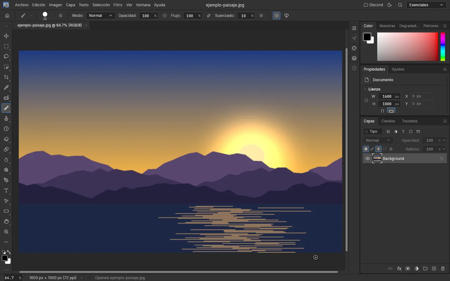 PhotoCraft con una imagen de paisaje abierta, con paneles de capas y barra de herramientas visibles