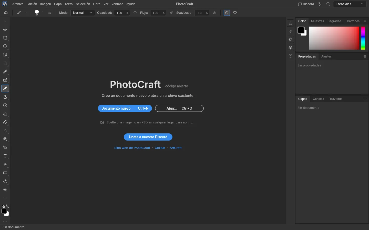 Pantalla de inicio de PhotoCraft 0.7.0 con la interfaz en español