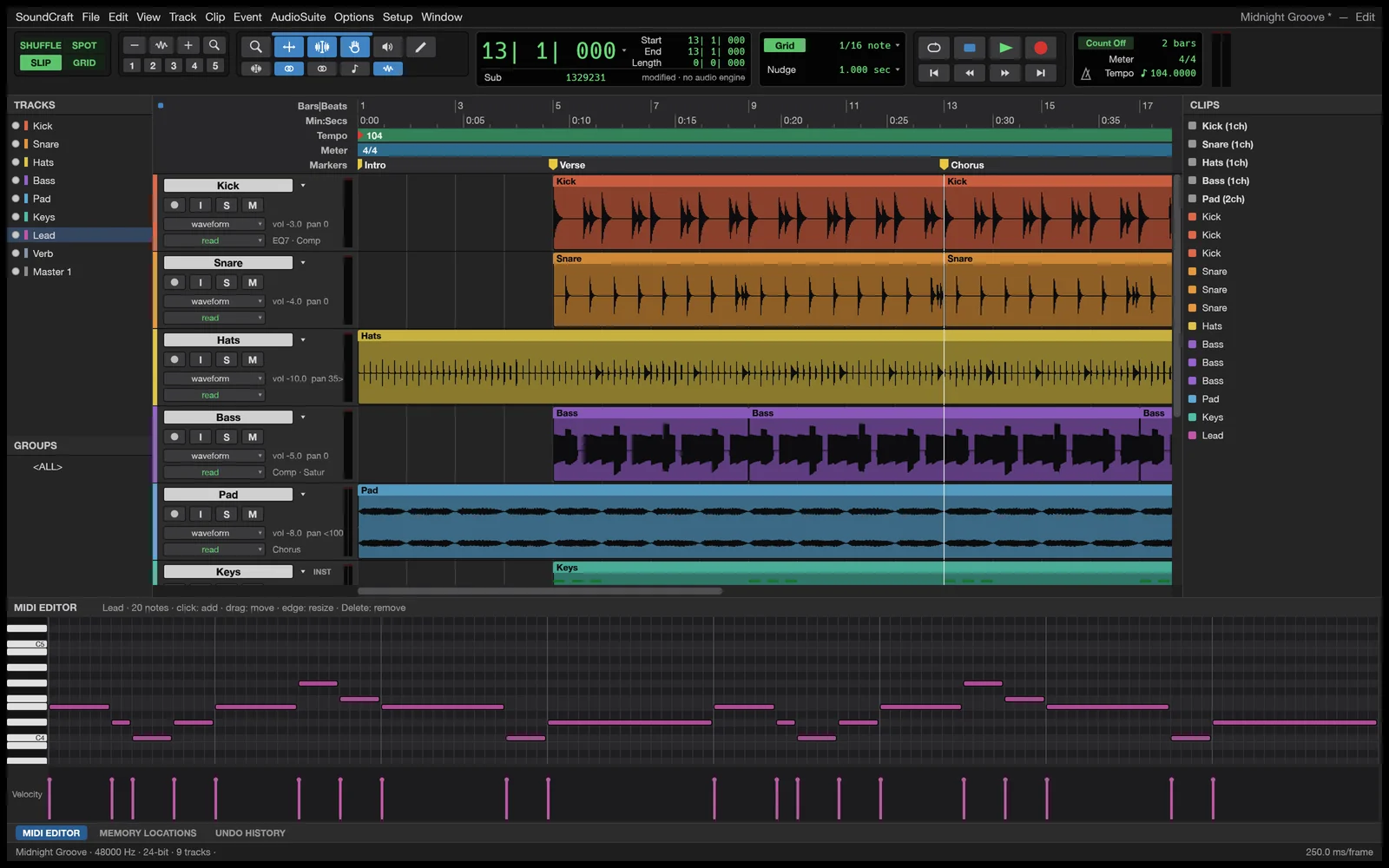 Editor MIDI de SoundCraft con carril de velocidad y piano roll